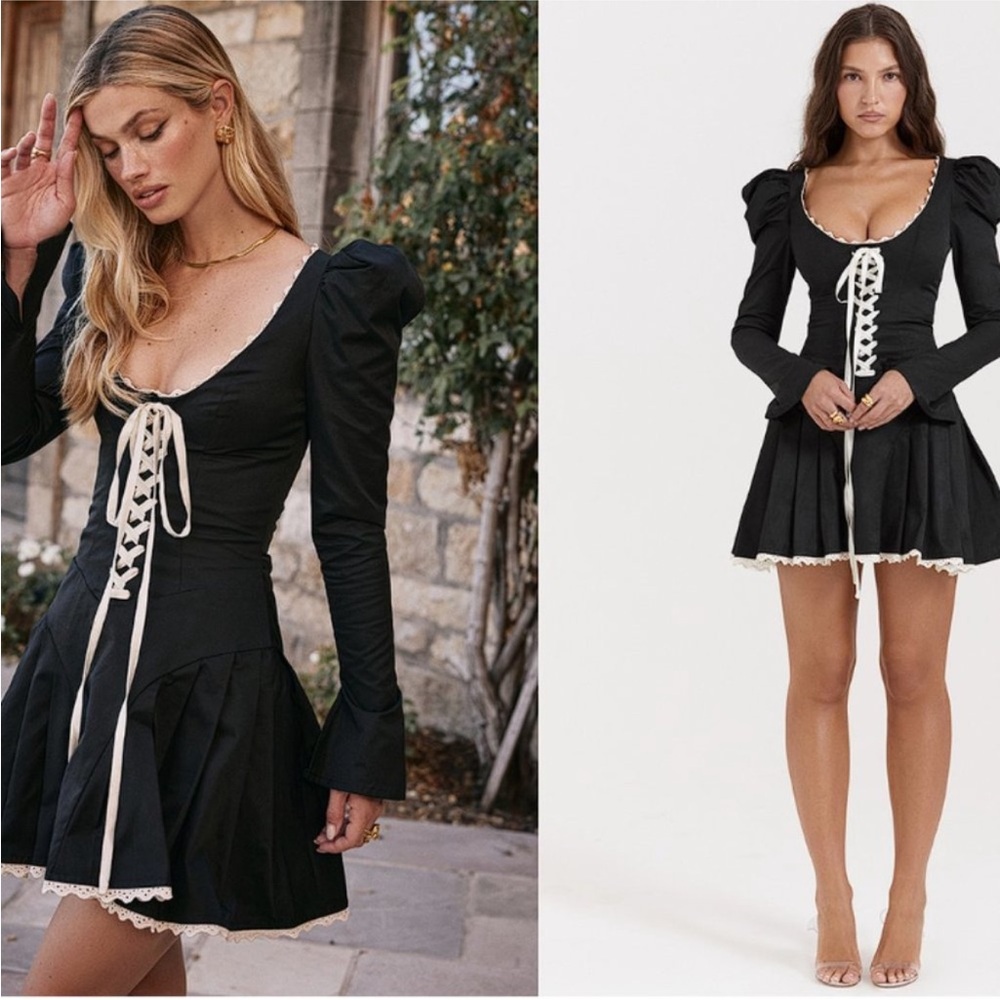 HOUSE OF CB Larisa Black Cream Lace Up Pleated Mini Dress XS NWOT - Picture 12 of 12